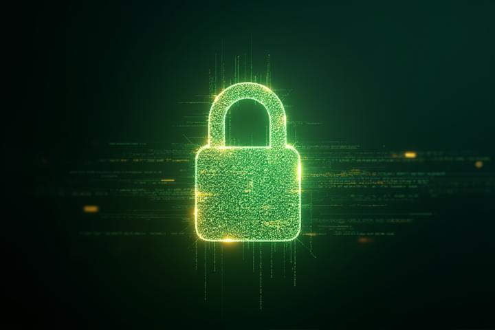 Un candado digital con líneas de código y un aura de seguridad, representando las medidas técnicas y organizativas de Vitales Mañana.